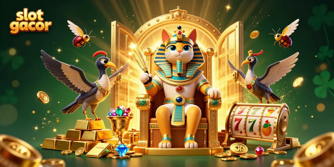 Experience slot gacor with an Egyptian pharaoh cat surrounded by treasure and dynamic slot reels.