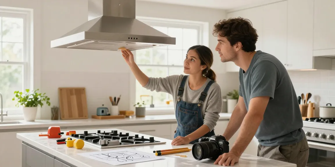Engaging exhaust hood installation scene in a modern kitchen with contractor and homeowner.