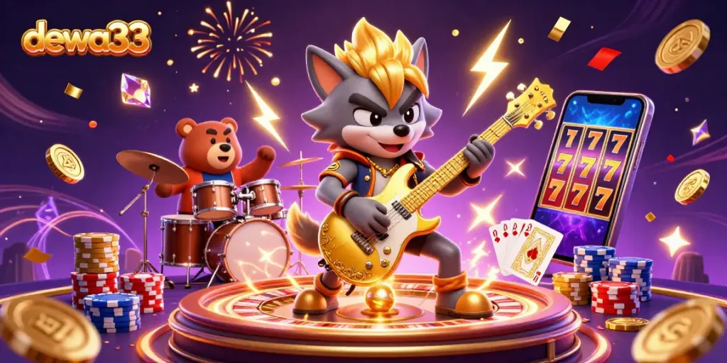 Experience the thrill of dewa33 with a dynamic gaming scene featuring a rock star wolf and a playful bear amidst cascading coins and vibrant casino elements.