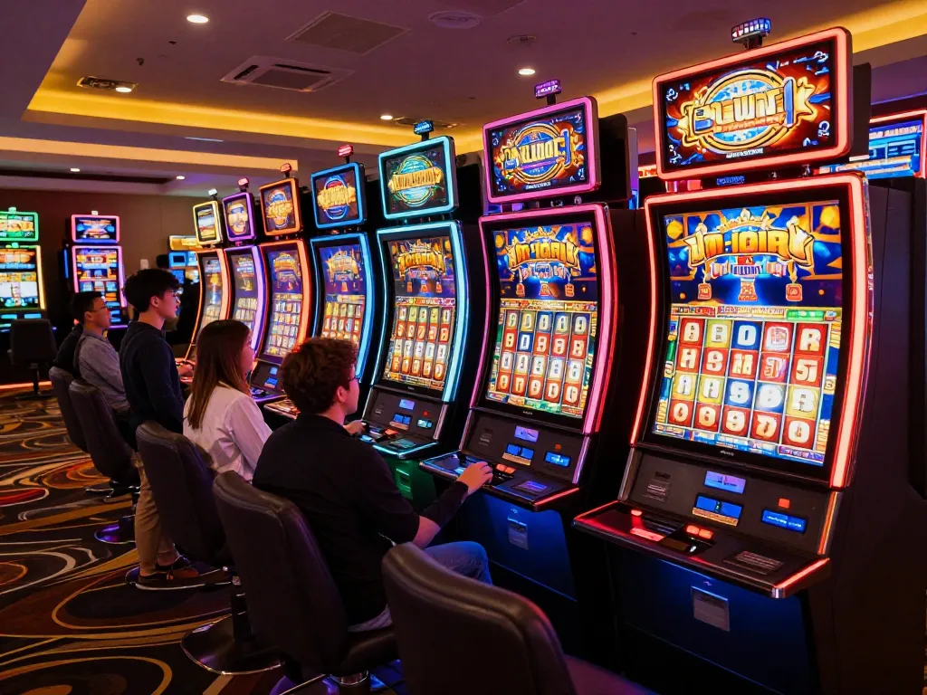 Engaging slot gacor players enjoying vibrant slot machines in a lively casino atmosphere