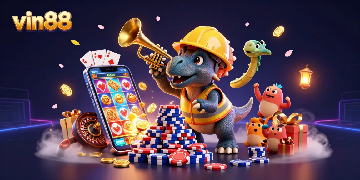Experience the excitement of vin88 with a vibrant 3D illustration of gaming characters celebrating in a casino environment.