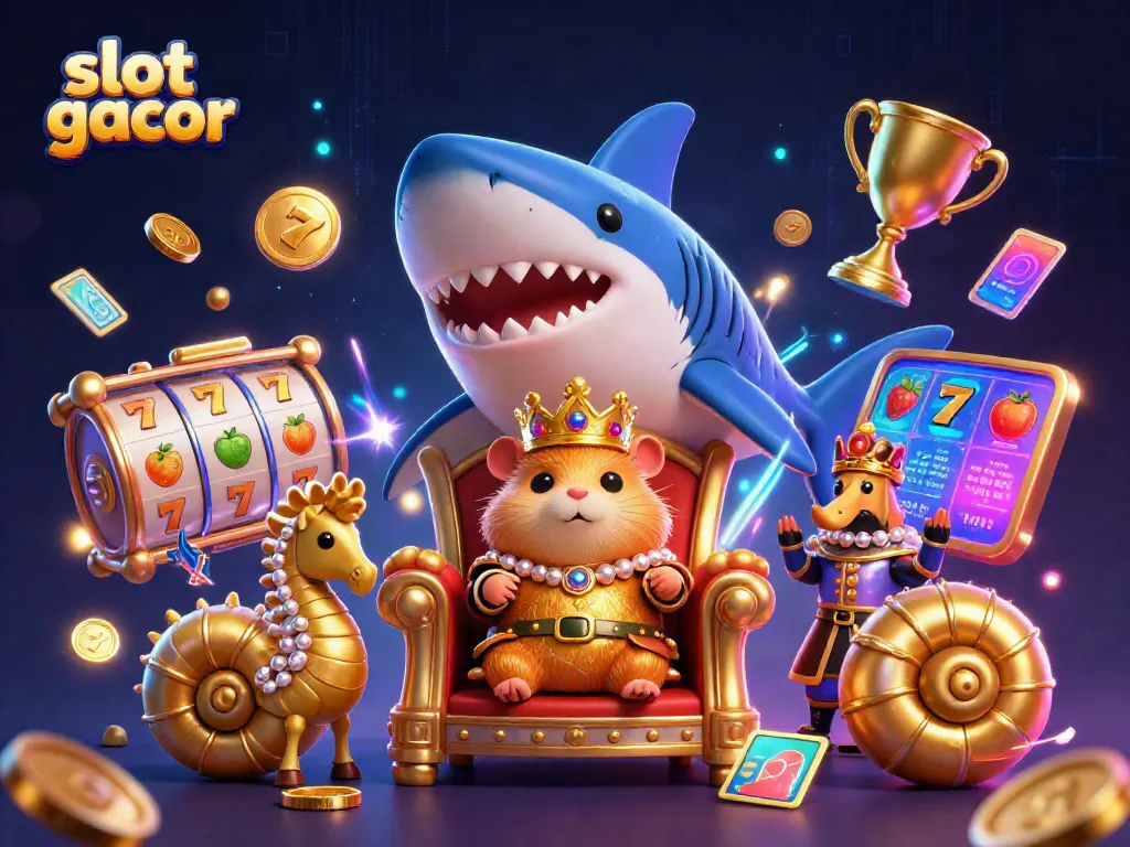 Menangkan slot gacor dengan raja hamster bertakhta di gigi hiu, dikelilingi simbol slot dan elemen emas.