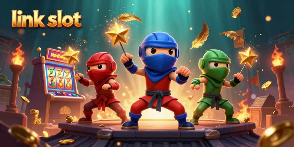 Experience thrilling wins at link slot with colorful chameleon ninjas battling around vibrant slot machines.