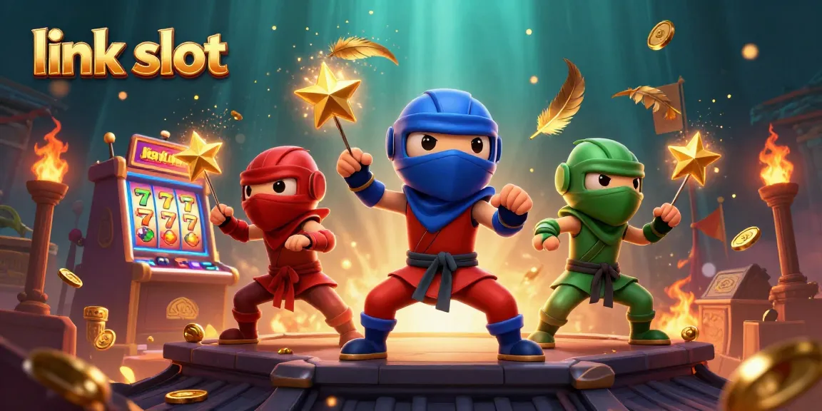 Experience thrilling wins at link slot with colorful chameleon ninjas battling around vibrant slot machines.