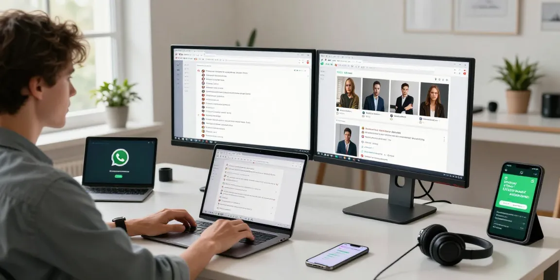 Workspace with young professional using WhatsApp電腦版 app on laptop, dual monitors showing chat threads, bright and modern setting.