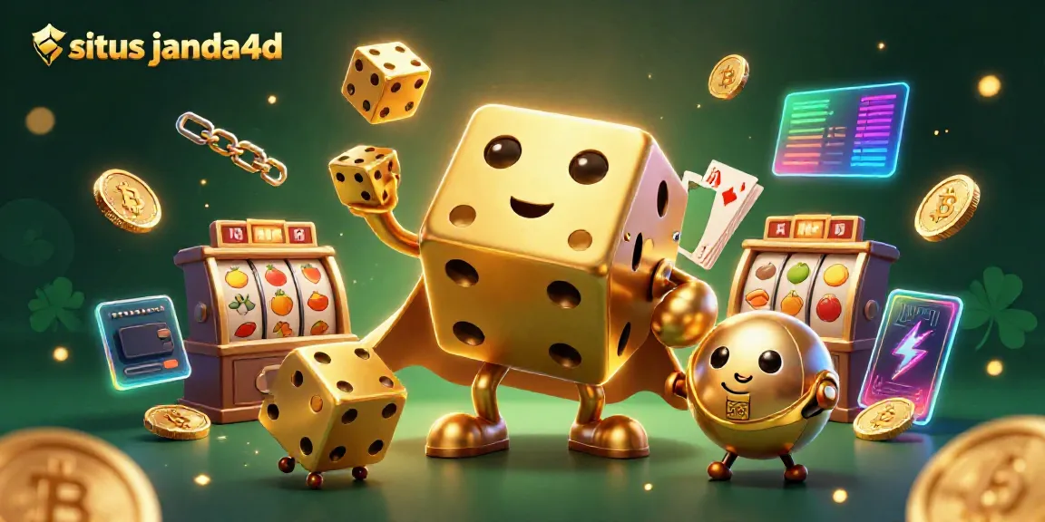 Permainan menarik di situs janda4d dengan karakter dadu emas dan elemen slot.