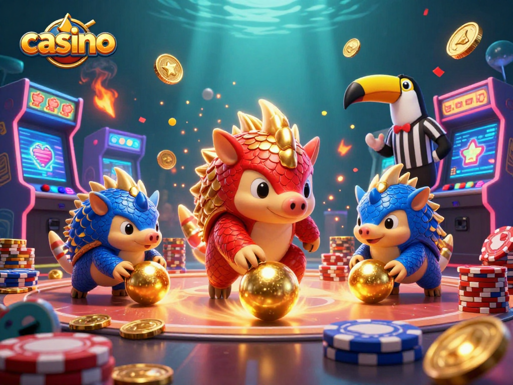 Casino pangolins battle for golden chips in a vibrant, animated gambling scene