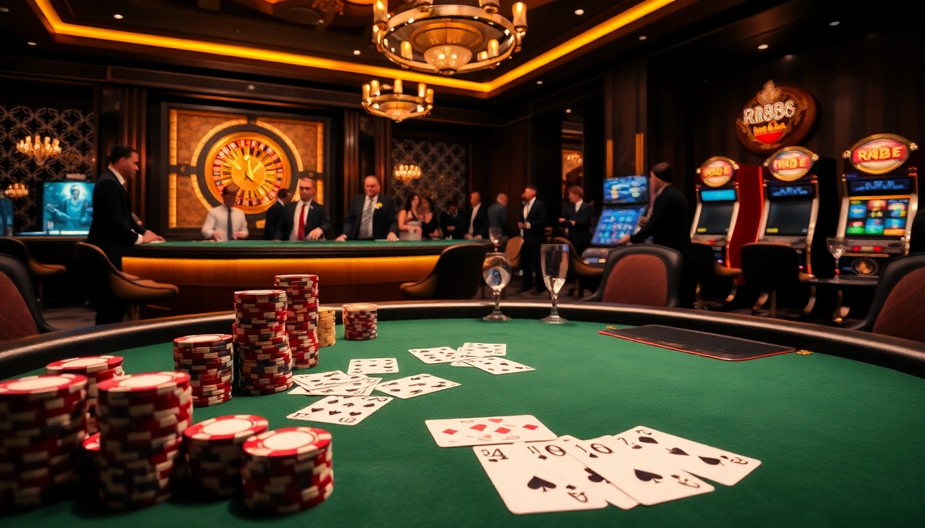 Experience the thrill of RR88 at a luxurious poker table with elegantly stacked chips and cards.