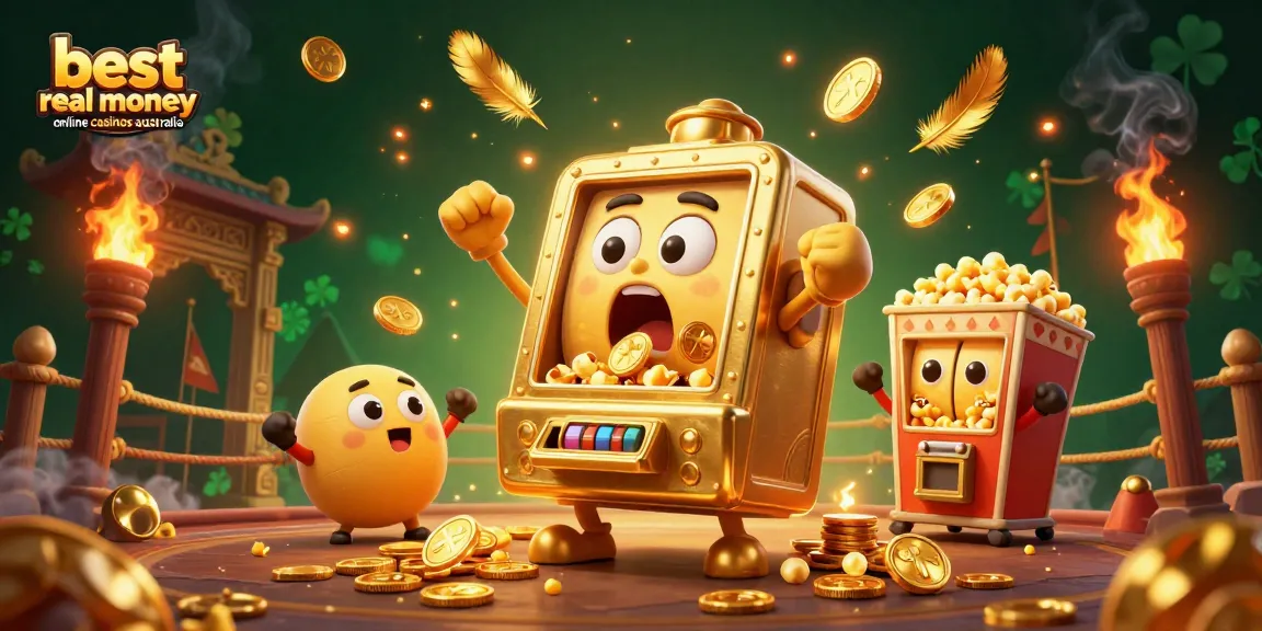 Exciting scene showcasing best real money online casinos australia with golden slot machines and vibrant casino elements.