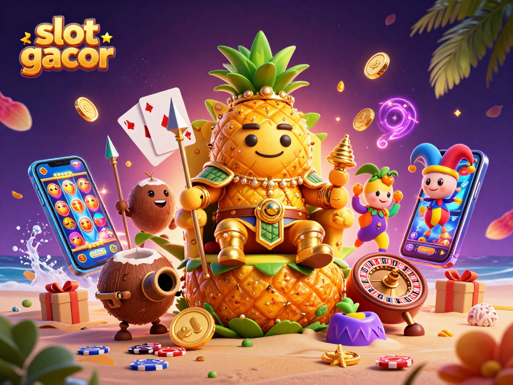 Engage with slot gacor on an adventurous beach casino with vibrant characters and slot games.