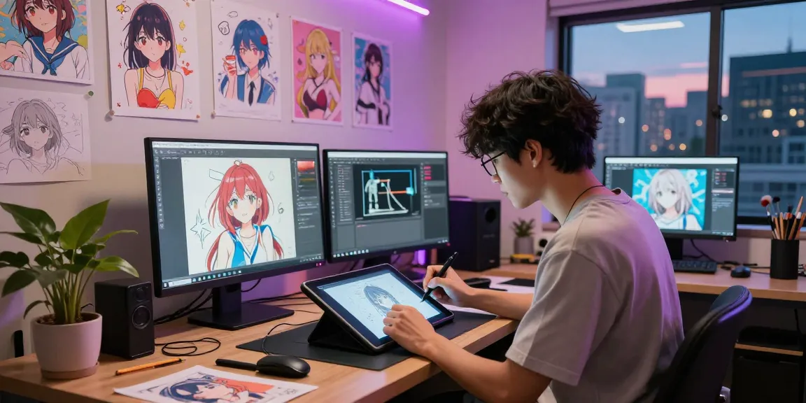 Creative artist generating stunning ai ecchi illustrations in a vibrant studio.