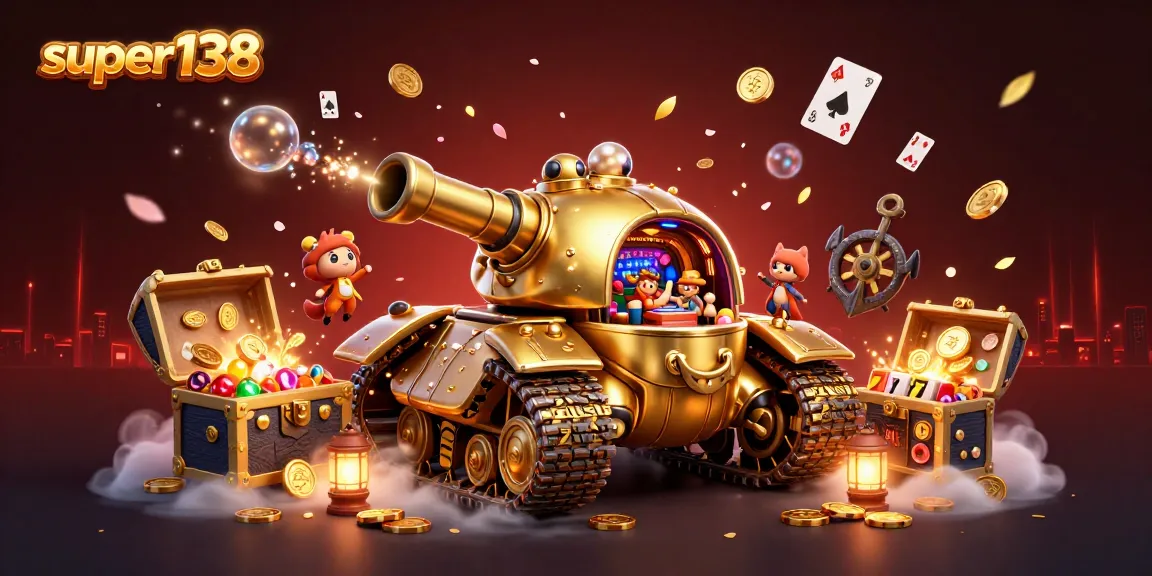 super138 celebrates casino adventure with a golden beetle tank revealing a tiny gaming oasis.