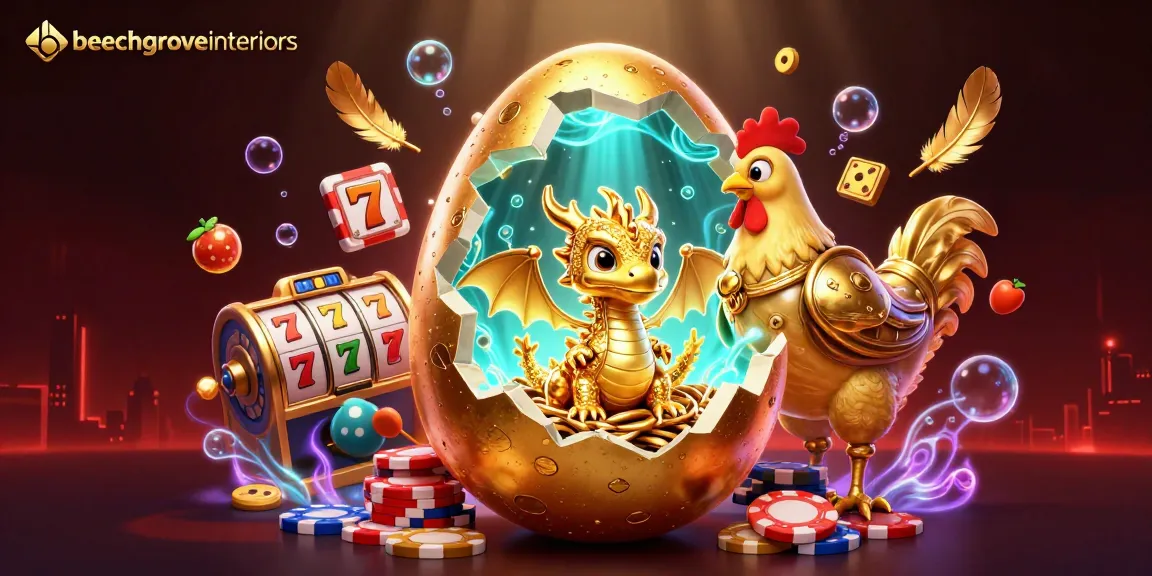 Engage in vivid casino excitement with beechgroveinteriors showcasing a golden dragon, poker chips, and vibrant slot symbols.
