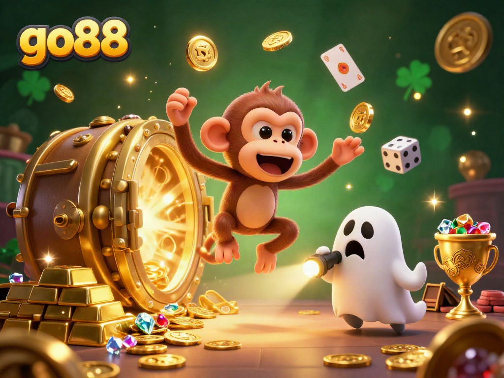 Go88's poltergeist monkey juggles gold treasures in a haunted casino scene filled with vibrant details.