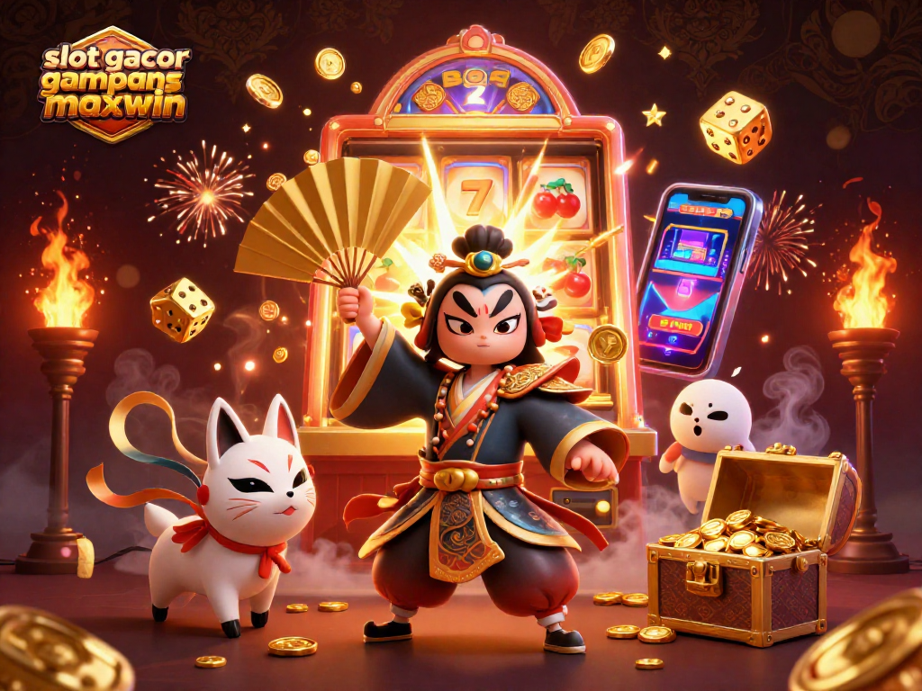 Experience the excitement of slot gacor gampang maxwin with a vibrant 3D illustration showcasing dynamic gaming elements and characters.