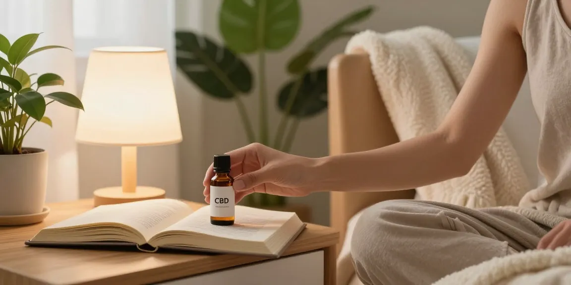 Muha Meds CBD oil on bedside table with plants promoting natural wellness.