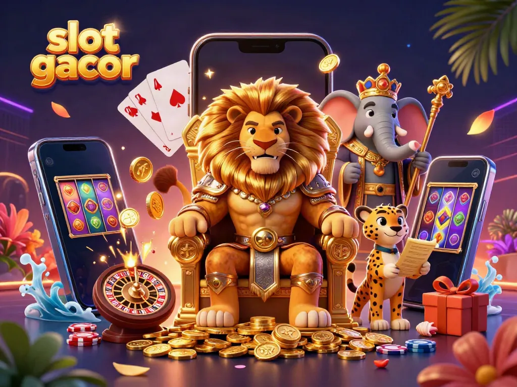 Experience the thrill of slot gacor with a dynamic 3D illustration featured in a vibrant casino setting.
