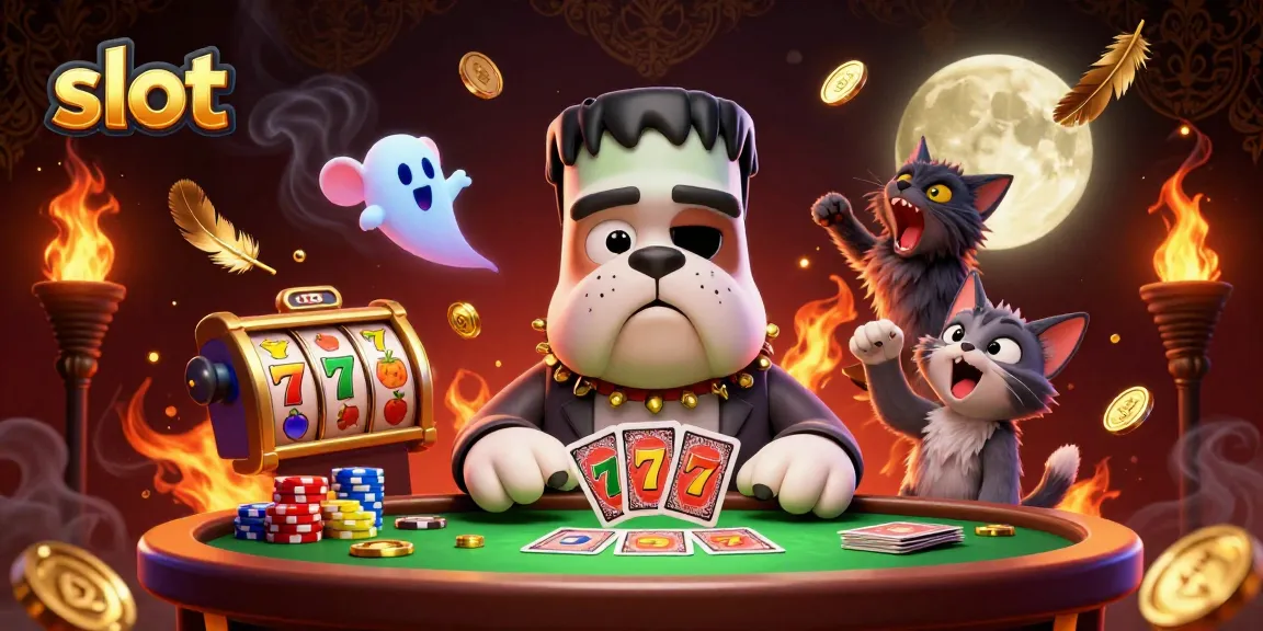 Menyusuri slot dengan Frankenstein bulldog menghitung kartu, dikelilingi oleh simbol slot dan koin emas.