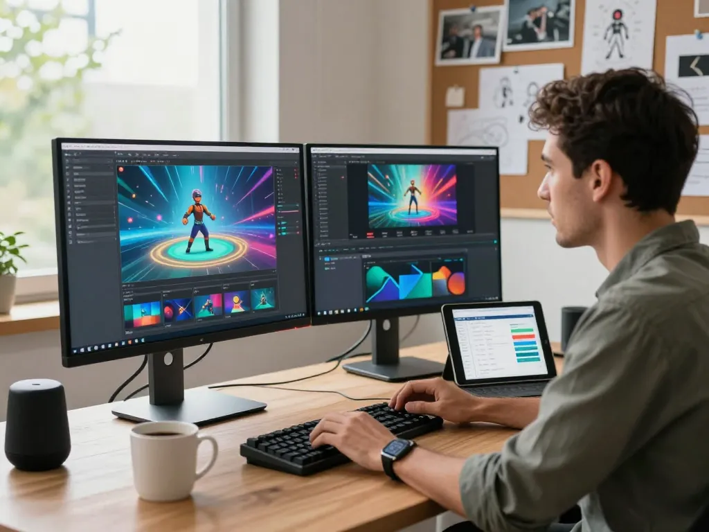 Creating AI animations with kling ai on dual monitors in a modern workspace.