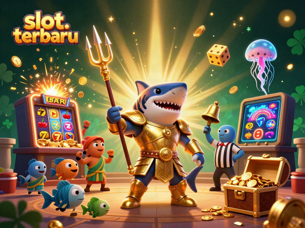 Permainan slot terbaru menampilkan hiu kartun 3D mengenakan armor gladiator, dengan mesin slot meledak.