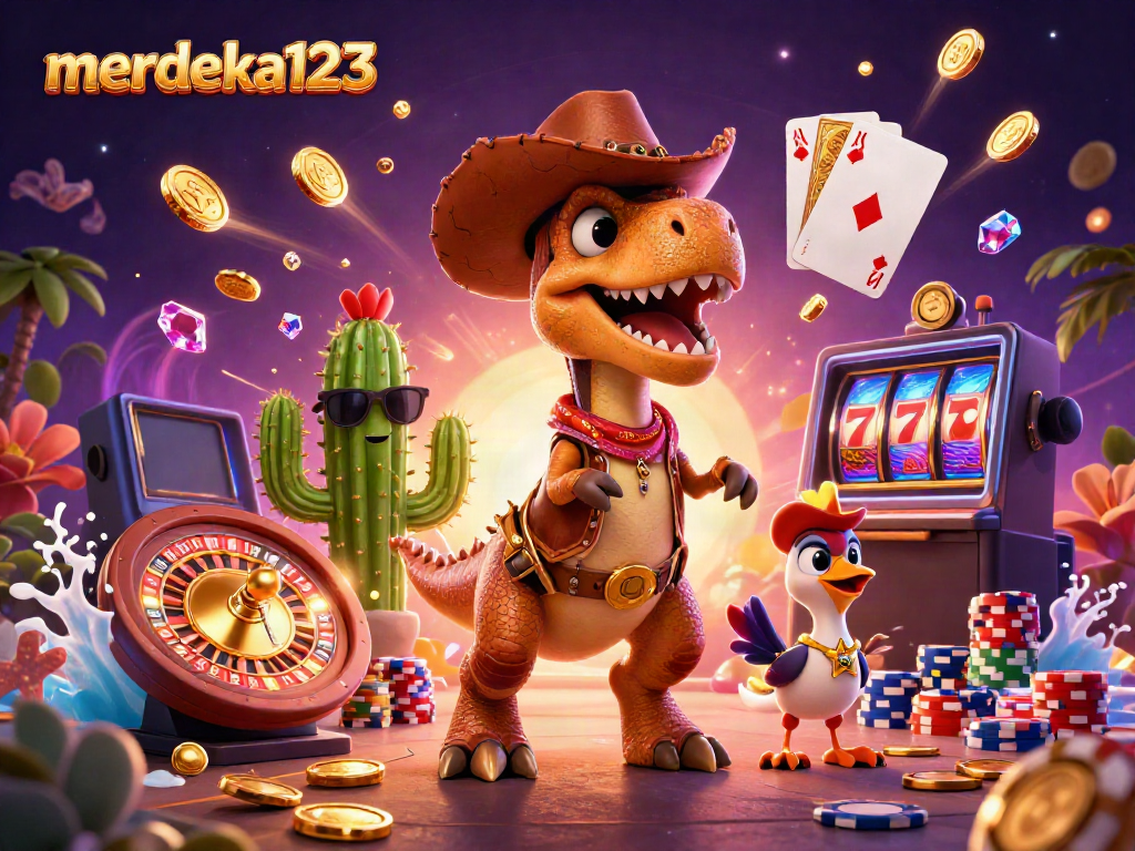 Permainan merdeka123 menampilkan dino cowboy dan teman dalam suasana kasino yang dinamis.