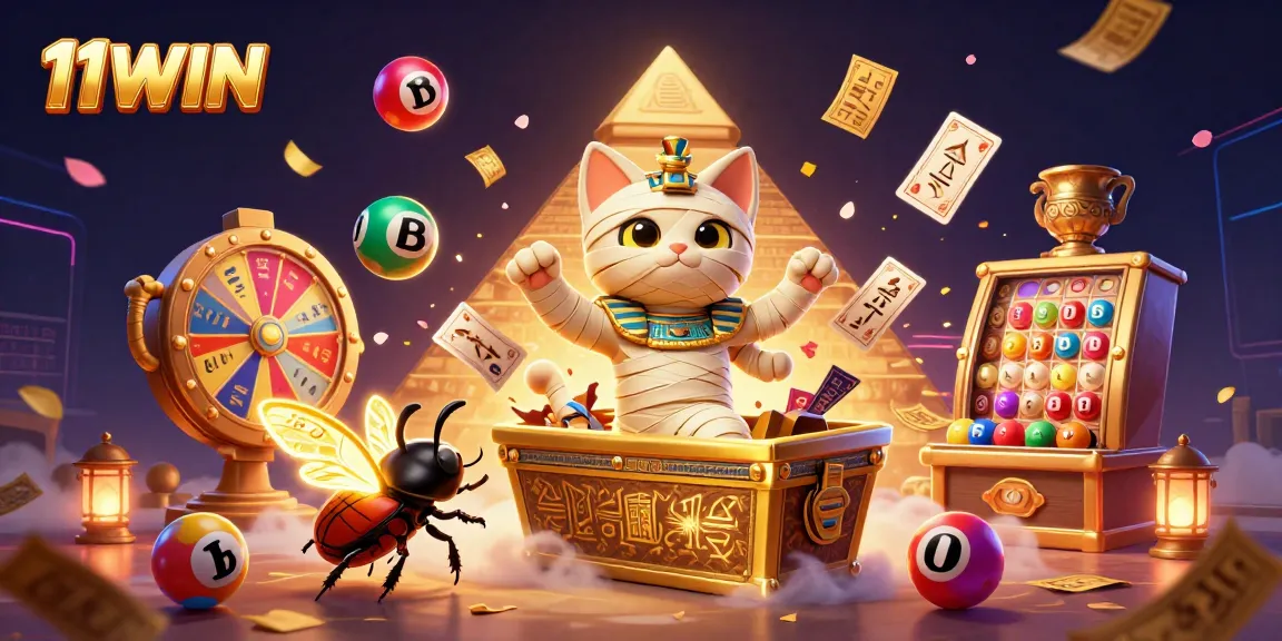 Engage with thrilling luck at 11WIN's vibrant lottery scene featuring a mummy cat and prize wheel.