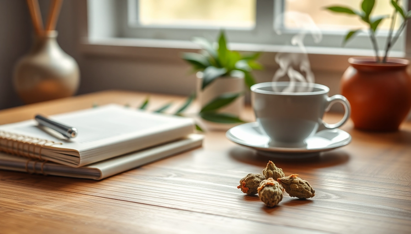 Enhance mental wellness with a close-up of Mental Wellness CBD buds alongside tea and a journal.