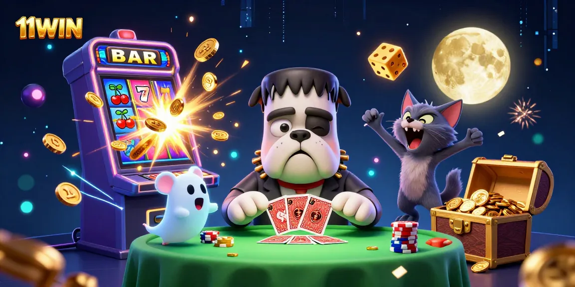 Experience winning at 11WIN with a lively 3D casino scene featuring characters, cards, and slots.