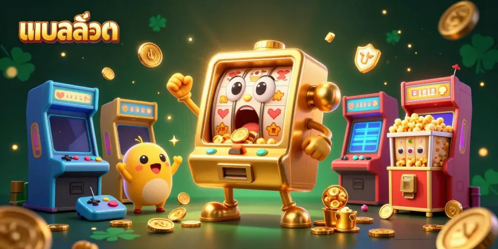 Experience thrilling แบบสล็อต action with a golden slot machine celebrating its jackpot in a vibrant casino scene.