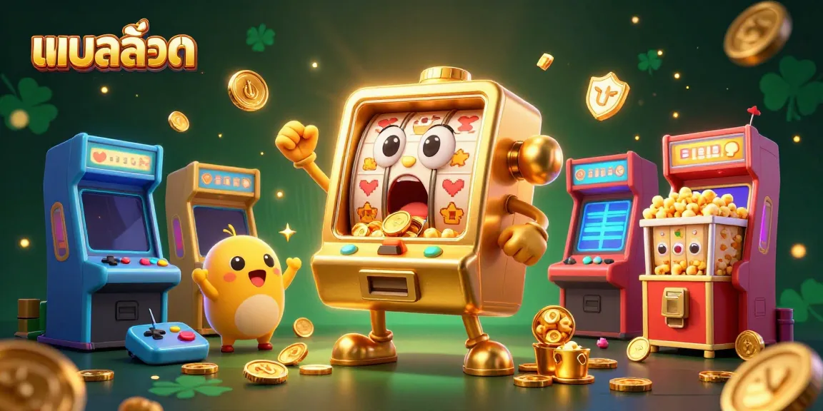 Experience thrilling แบบสล็อต action with a golden slot machine celebrating its jackpot in a vibrant casino scene.