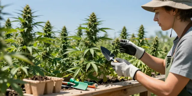 Autoflower Samen kaufen im florierenden Cannabisgarten mit einem Grower, der die Pflanzen inspiziert.