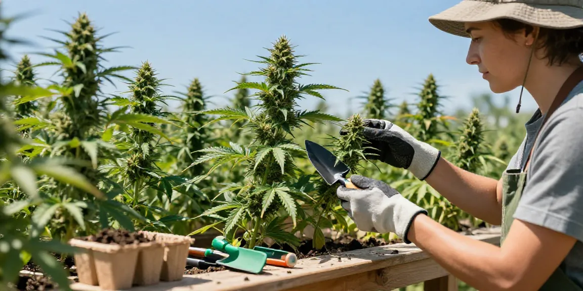 Autoflower Samen kaufen im florierenden Cannabisgarten mit einem Grower, der die Pflanzen inspiziert.
