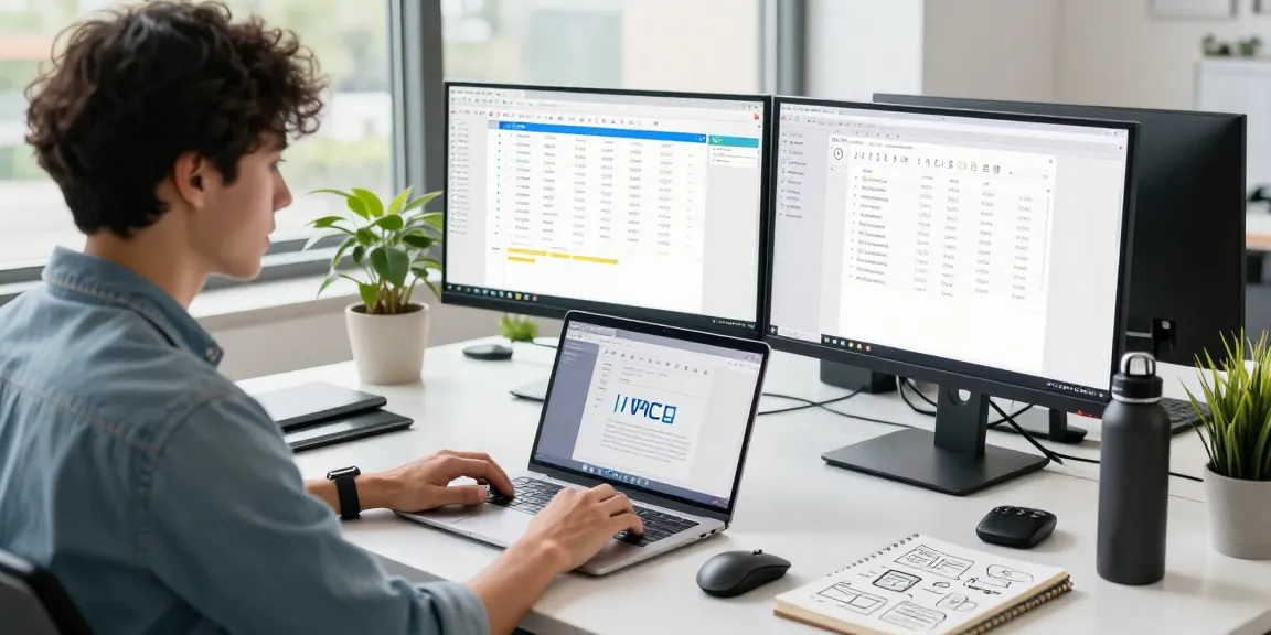 Downloading WPS Office in a modern workspace with dual monitors, laptop, and vibrant spreadsheets.