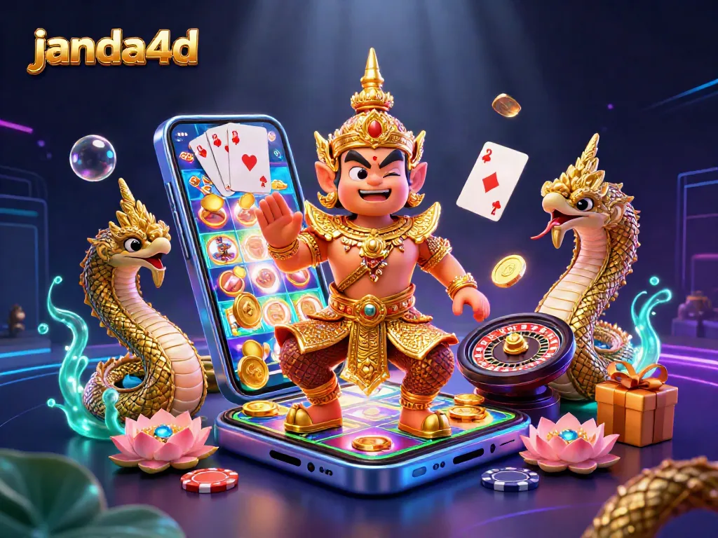 Permainan slot janda4d dengan efek uang koin bersinar dan karakter penjaga kuil.