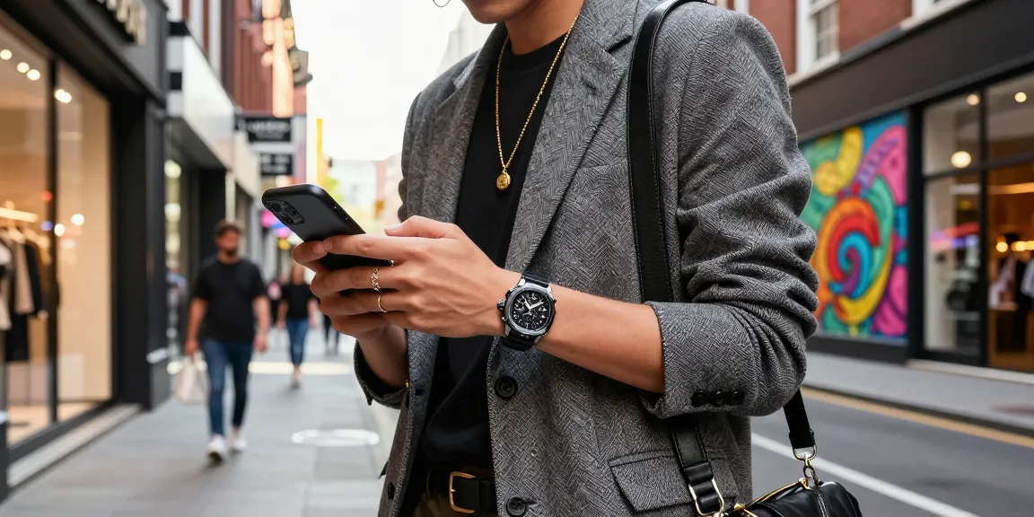 Stylish person wearing super clone watches in a vibrant urban setting.