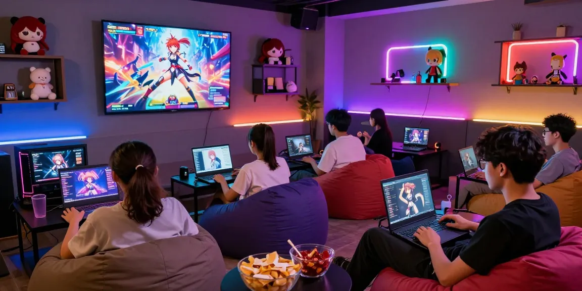 Group enjoying HTML hentai games in a vibrant gaming lounge with colorful lights.