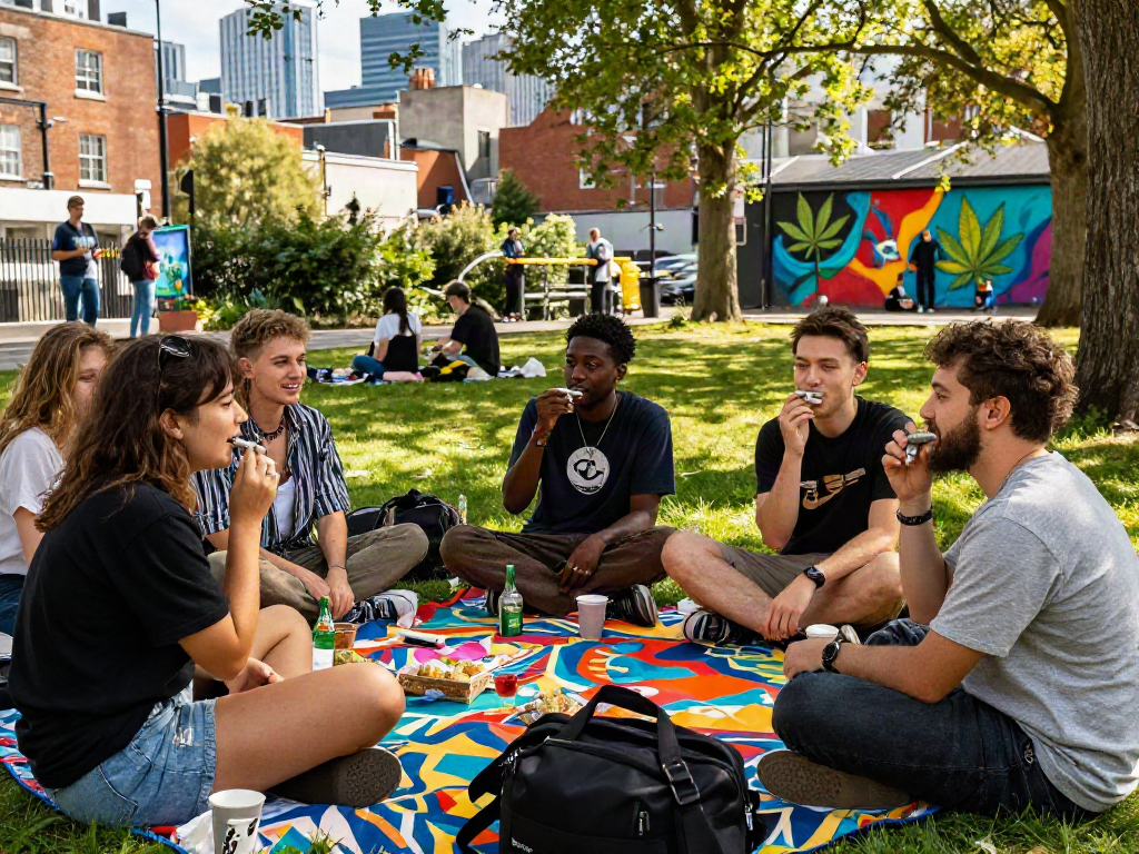 Dublin Weed culture celebration in urban park with friends enjoying cannabis and snacks.