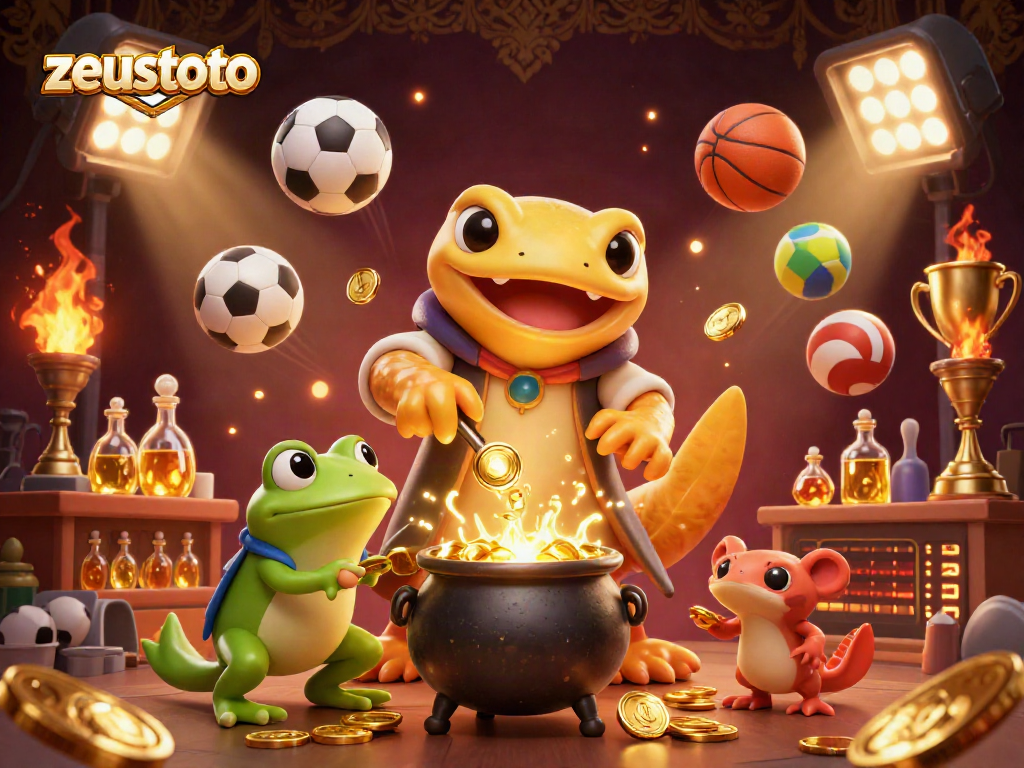 Betting on zeustoto with a giant salamander alchemist and sports-themed elements in a vibrant casino scene.