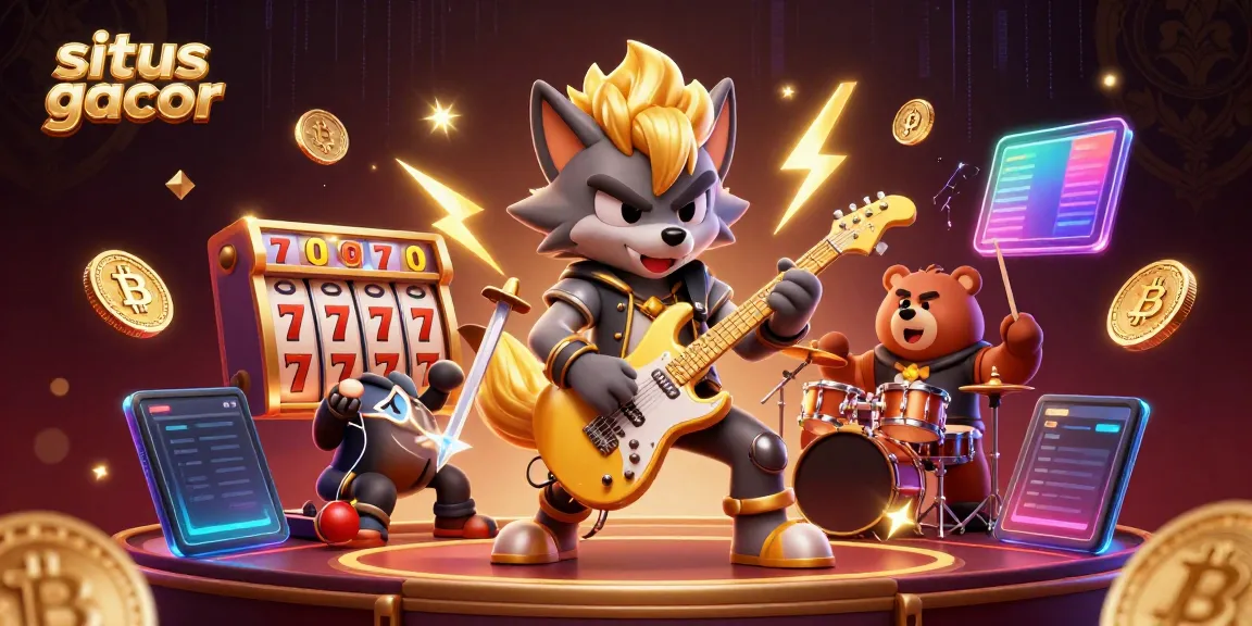 Mempersembahkan situs slot gacor dengan wolf bintang rock dan beruang drummer dalam suasana kasino.