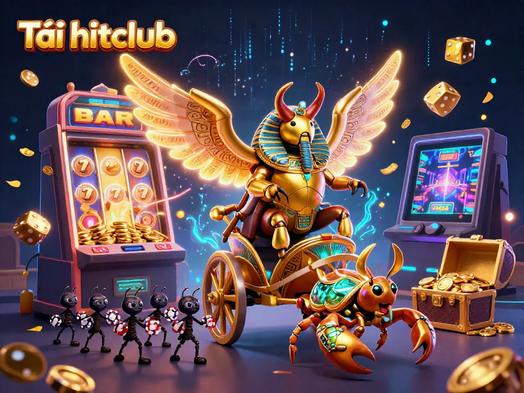 Tải hitclub in a vibrant casino scene with a golden scarab beetle, jackpot slot machine, and glowing casino symbols.