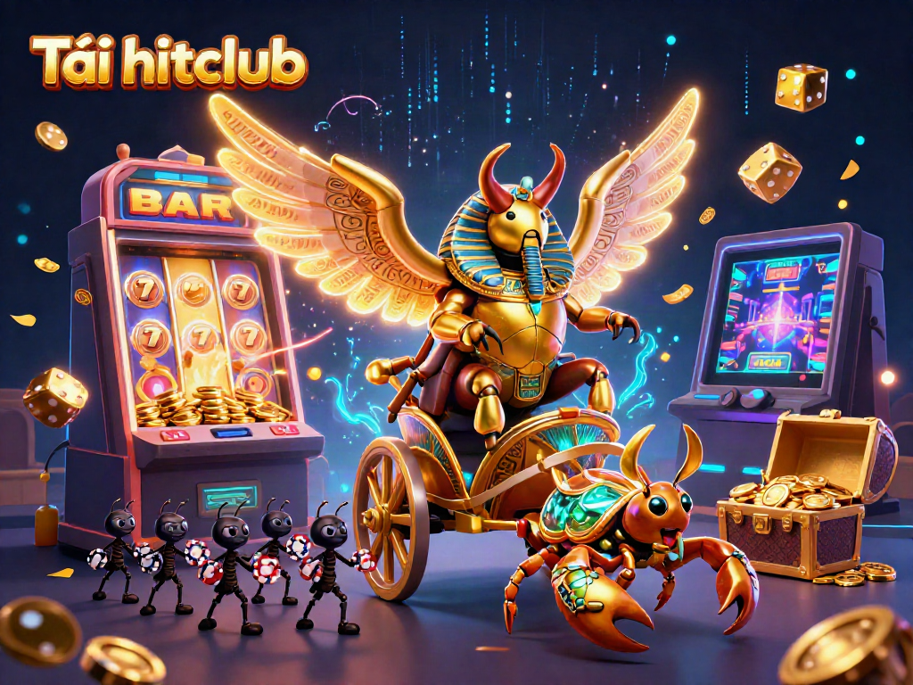 Tải hitclub in a vibrant casino scene with a golden scarab beetle, jackpot slot machine, and glowing casino symbols.