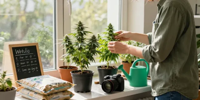 Autoflower Samen kaufen with a gardener inspecting THC autoflowering cannabis plants in bright indoor setting
