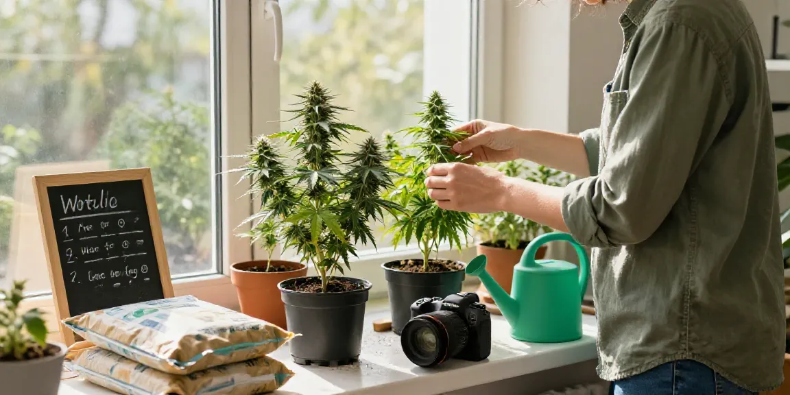 Autoflower Samen kaufen with a gardener inspecting THC autoflowering cannabis plants in bright indoor setting