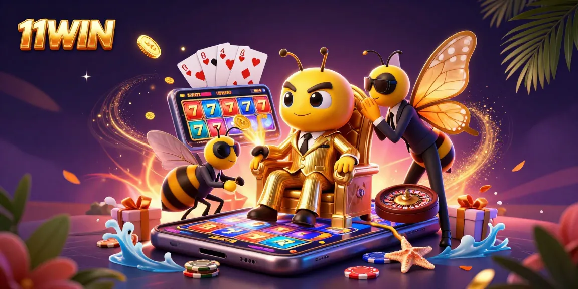 Experience 11WIN's exciting slot games amidst vibrant characters and stunning visuals in a dynamic casino scene.