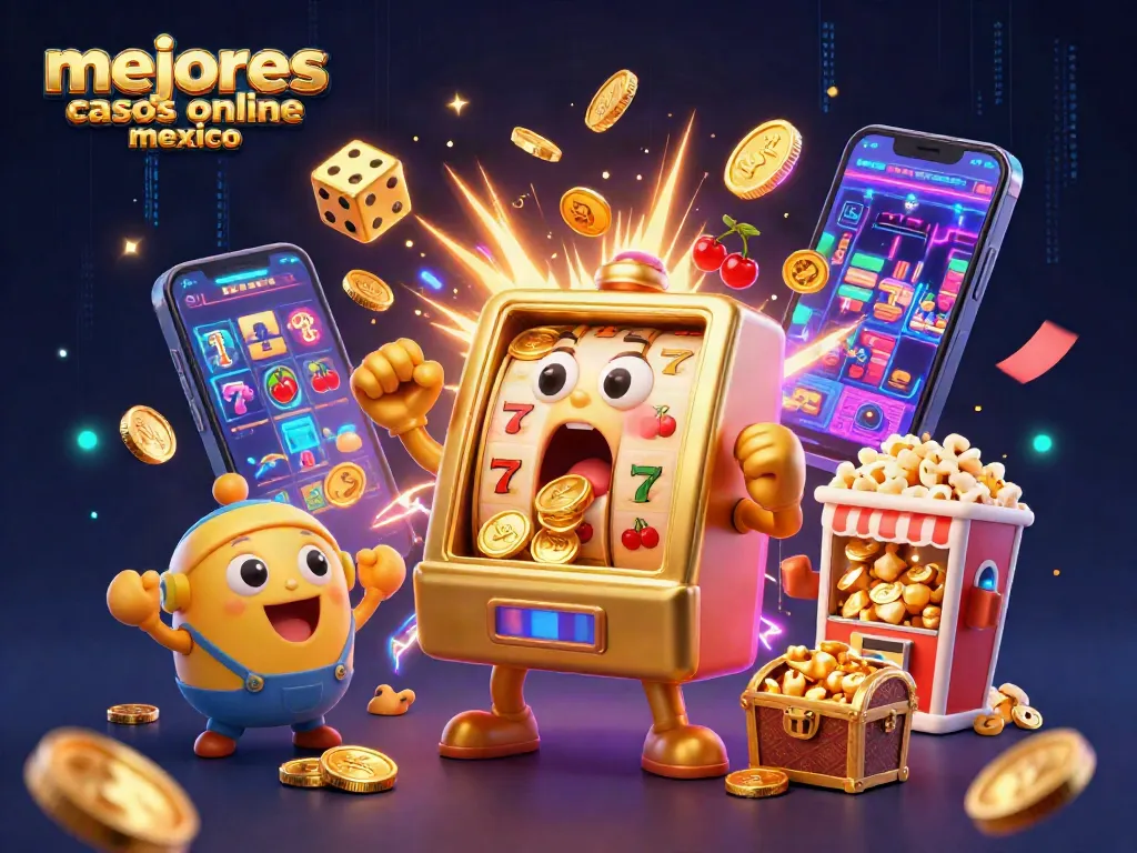 Los mejores casinos online en México presentan un asombroso jackpot, con una máquina tragamonedas dorada sorprendida y monedas saltando.