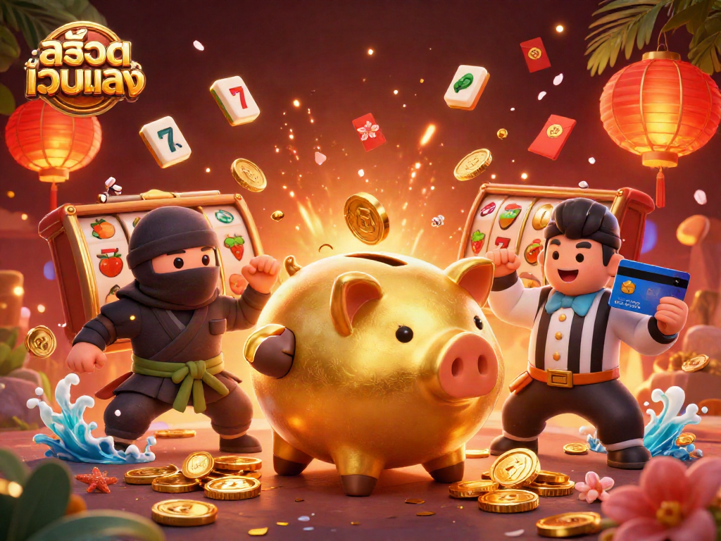 Experience thrilling สล็อตเว็บตรง action with a vibrant casino scene featuring a piggy bank sumo wrestler and animated gambling elements.