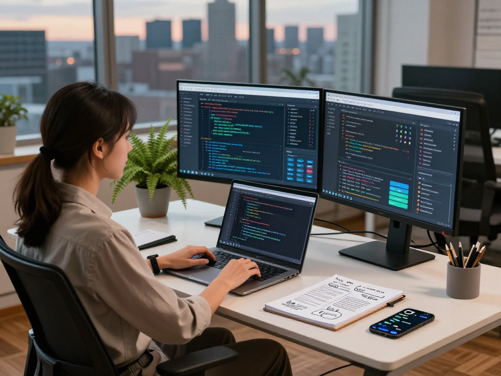 AI detector workspace showcasing content moderation analytics, data analyst at multiple monitors, emphasizing innovation.