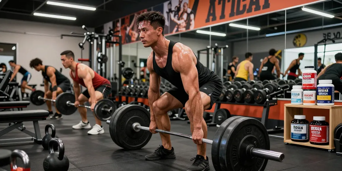 Athlete lifting weights in a dynamic gym scene with Deus Medical Steroids supplements visible, showcasing intense training.