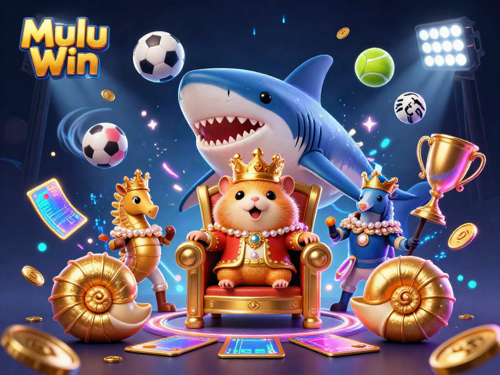 Mulu Win: Engage in thrilling gameplay with a golden hamster king surrounded by dynamic sports elements and royal guards.