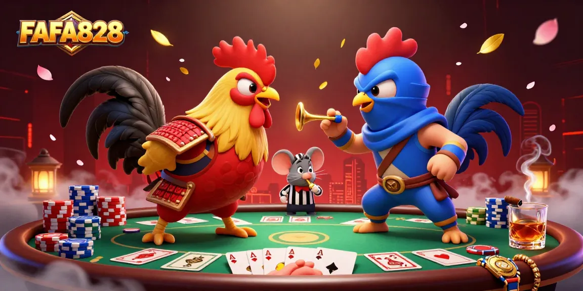 FAFA828 showcases fighting roosters in samurai and ninja styles, surrounded by poker elements.